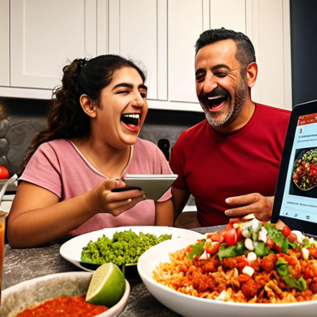 **

A Turkish family laughing and preparing tacos together in their home kitchen during a themed Mexican night. The father is comically overwhelmed by spicy sauce. A tablet or smart display in the background shows a recipe and information about Mexican culture, sourced from an AI assistant.

**