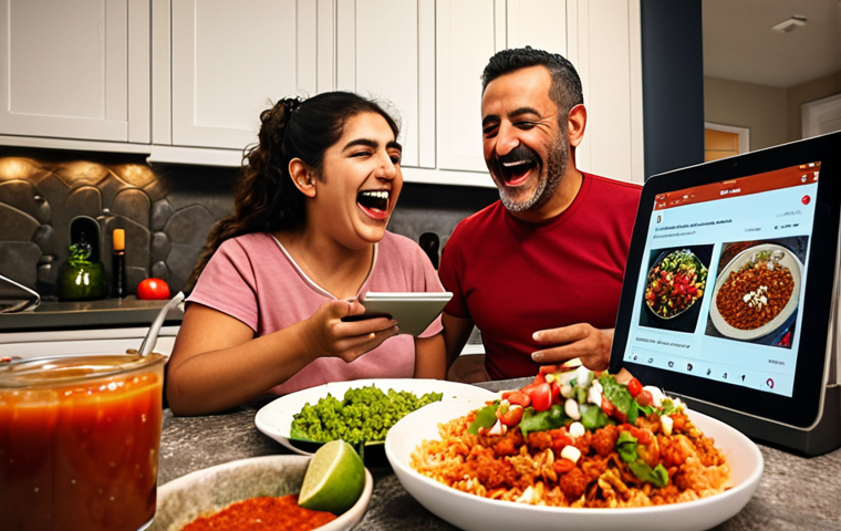 **
A Turkish family laughing and preparing tacos together in their home kitchen during a themed Mexican night. The father is comically overwhelmed by spicy sauce. A tablet or smart display in the background shows a recipe and information about Mexican culture, sourced from an AI assistant.
**