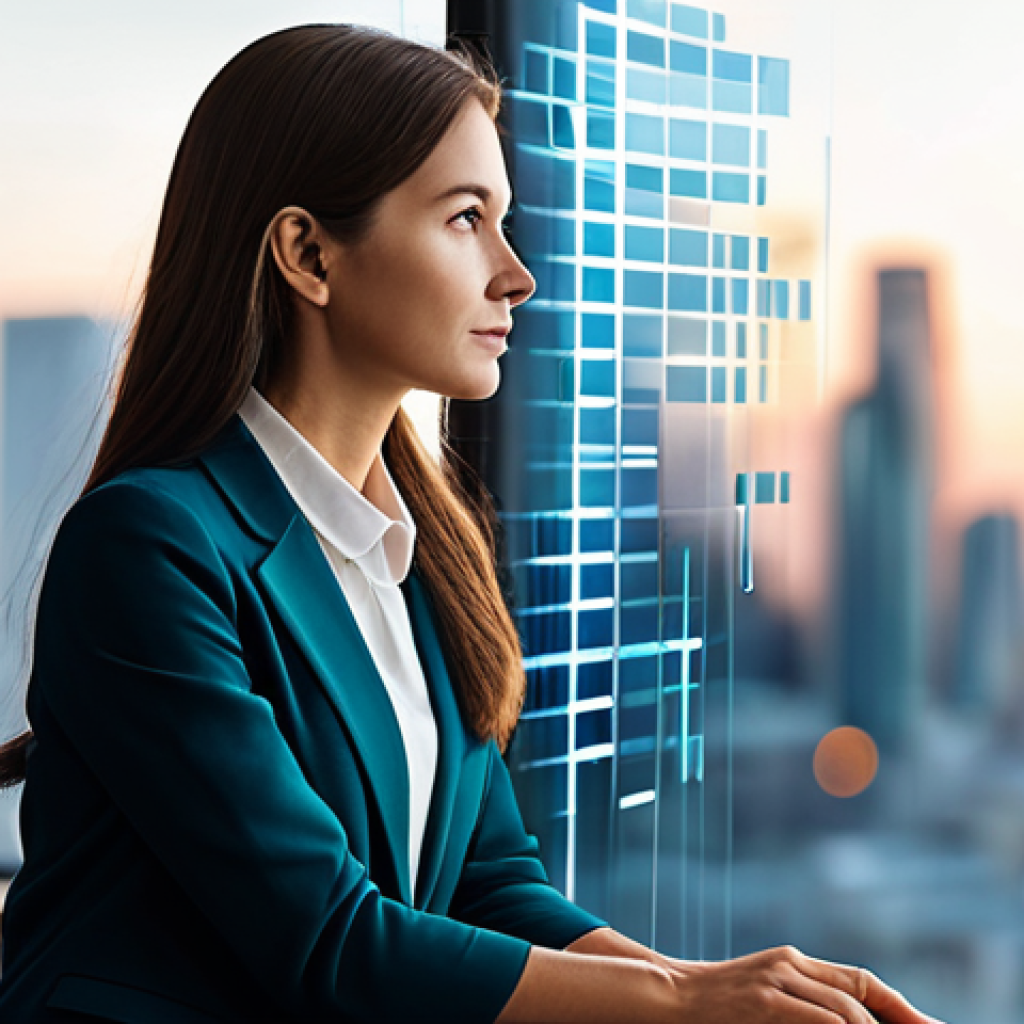 A thoughtful professional woman, fully clothed in a modest, smart business casual outfit, sitting comfortably in a modern, serene workspace. She looks reflectively at an ethereal, glowing AI interface that projects abstract, flowing data patterns, symbolizing self-discovery and insights. The background features soft, ambient lighting and minimalist decor with a blurred city skyline visible through a large window. High-resolution, professional photography with a soft focus and depth of field, warm color palette, perfect anatomy, correct proportions, natural pose, well-formed hands, proper finger count. safe for work, appropriate content, fully clothed, professional, modest clothing.