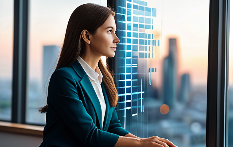 A thoughtful professional woman, fully clothed in a modest, smart business casual outfit, sitting comfortably in a modern, serene workspace. She looks reflectively at an ethereal, glowing AI interface that projects abstract, flowing data patterns, symbolizing self-discovery and insights. The background features soft, ambient lighting and minimalist decor with a blurred city skyline visible through a large window. High-resolution, professional photography with a soft focus and depth of field, warm color palette, perfect anatomy, correct proportions, natural pose, well-formed hands, proper finger count. safe for work, appropriate content, fully clothed, professional, modest clothing.