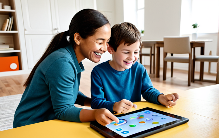 A joyful, diverse family, consisting of a mother, a father, and two children (a boy and a girl), is gathered in a bright, modern living room. They are fully clothed in comfortable, modest clothing. The family is interactively engaged with a large tablet screen on a coffee table, displaying a vibrant, AI-generated educational game interface. The children are excitedly pointing and interacting with the screen, while the parents smile and guide them, fostering a collaborative learning and creative atmosphere. The room is filled with soft, natural light, creating a warm, inviting environment. perfect anatomy, correct proportions, natural pose, well-formed hands, proper finger count, natural body proportions, safe for work, appropriate content, fully clothed, family-friendly, professional photography, high quality.