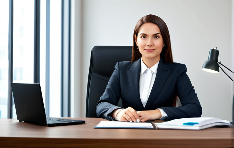 ** A professional businesswoman in a modest business suit, sitting at a desk in a modern office, fully clothed, appropriate attire, safe for work, perfect anatomy, natural proportions, professional photography, high quality.

**