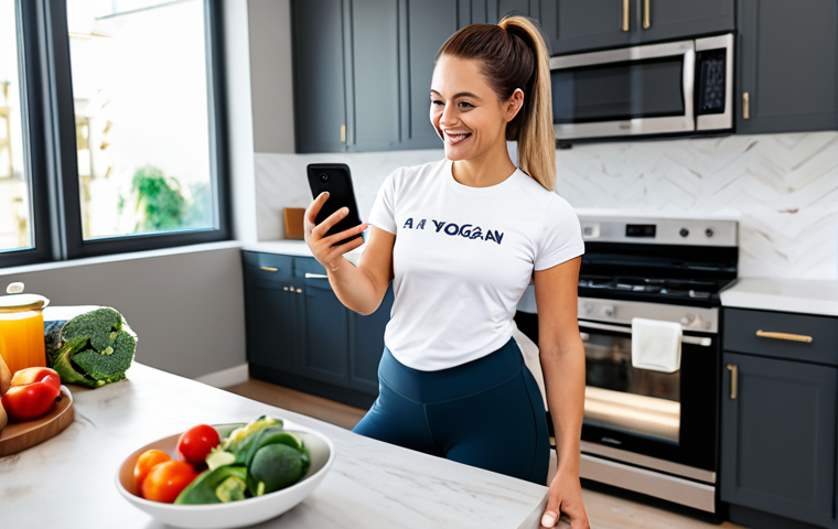 AI-Powered Nutrition App**

"A woman in her late 20s, fully clothed in activewear (yoga pants and a t-shirt), is smiling while looking at a smartphone displaying a personalized meal plan generated by an AI nutrition app. The background is a bright, modern kitchen with healthy food ingredients visible. Safe for work, appropriate content, professional, perfect anatomy, natural proportions, well-formed hands, proper finger count, modest clothing."

**