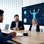 Home 12 AI를 이용한 직장 내 협업 도구 활용 - AI Meeting Management**
"A brightly lit modern office meeting room. A diverse group of professional...